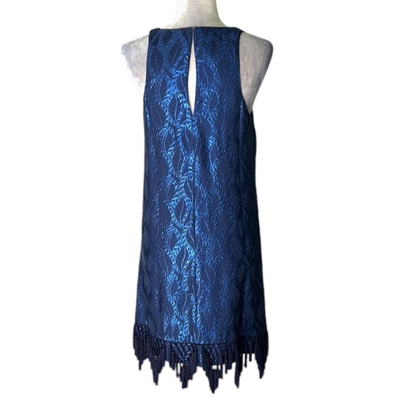 Lilly Pulitzer Marquette Silk Metallic Blue Leaf Jacquard Fringe Shift Dress - S - Picture 9 of 16